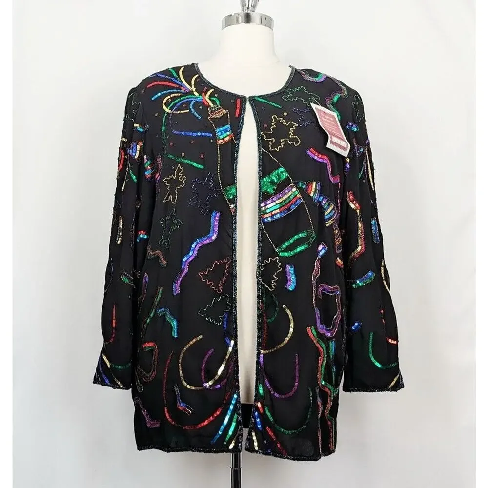 French Collizini Jacket Black Colorful Glamoratti Sequin Women's Size 2X New